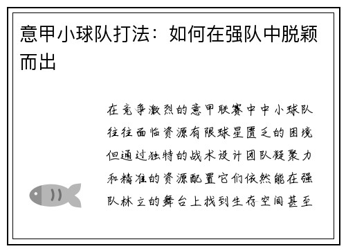 意甲小球队打法：如何在强队中脱颖而出